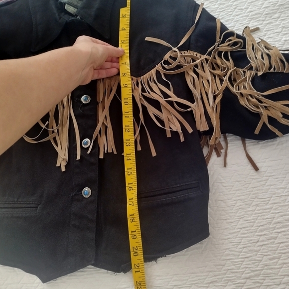 Morganwear Black Denim Western Fringe Festive Turquoise Buttoned Jacket Sz M - Picture 10 of 10